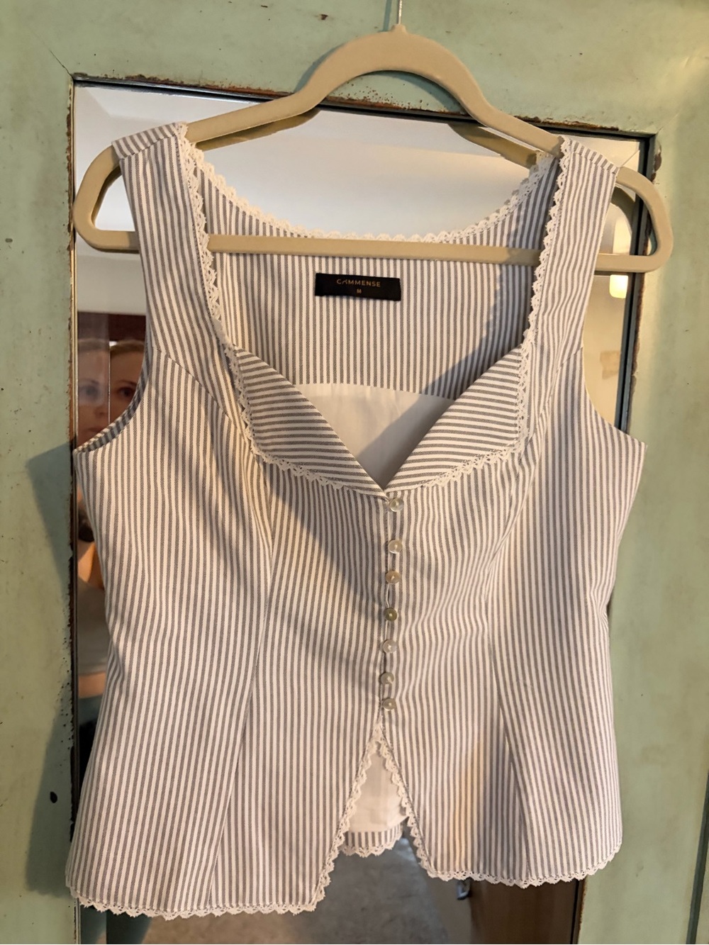 Commense Blue and White Striped Lace-Trimmed Camisole